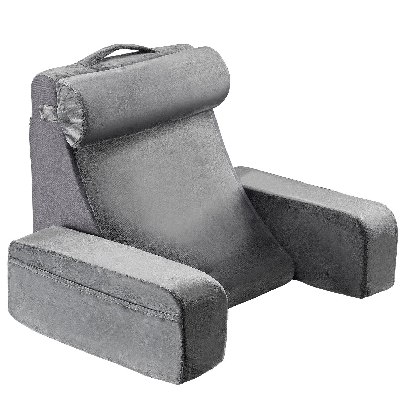 Ergonomic Grey Reading Pillow with Arm Support, Removable Headrest, 3 Storage Pockets, and 25D Sponge for Bed, Gaming, Working Comfort
