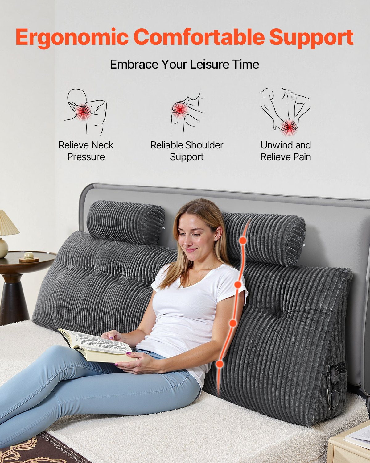 Luxurious King Size Wedge Headboard Pillow with Dual Headrests & Pockets - Soft Grey Velvet for Reading, Gaming, & Relaxing Comfort