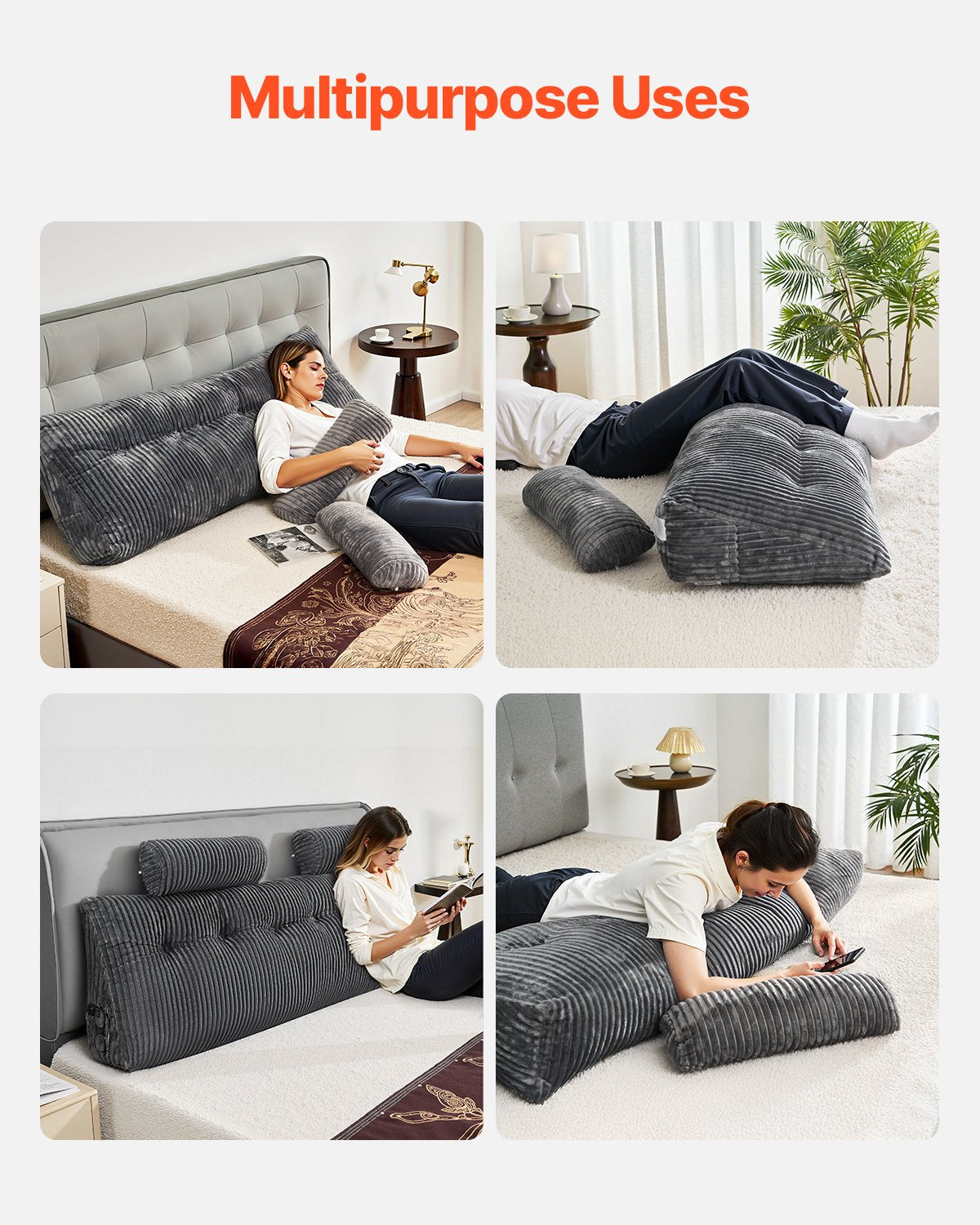 Luxurious King Size Wedge Headboard Pillow with Dual Headrests & Pockets - Soft Grey Velvet for Reading, Gaming, & Relaxing Comfort