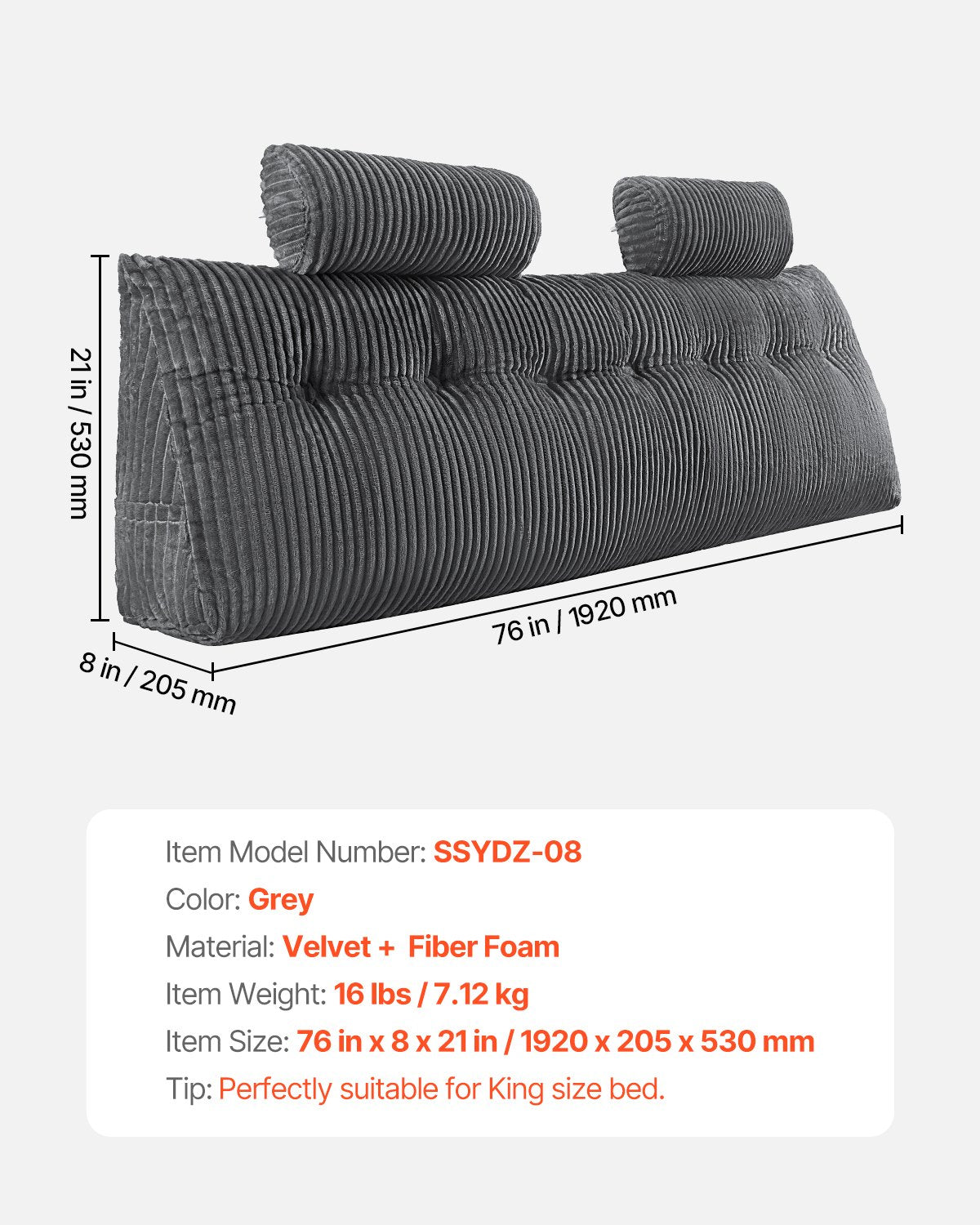 Luxurious King Size Wedge Headboard Pillow with Dual Headrests & Pockets - Soft Grey Velvet for Reading, Gaming, & Relaxing Comfort