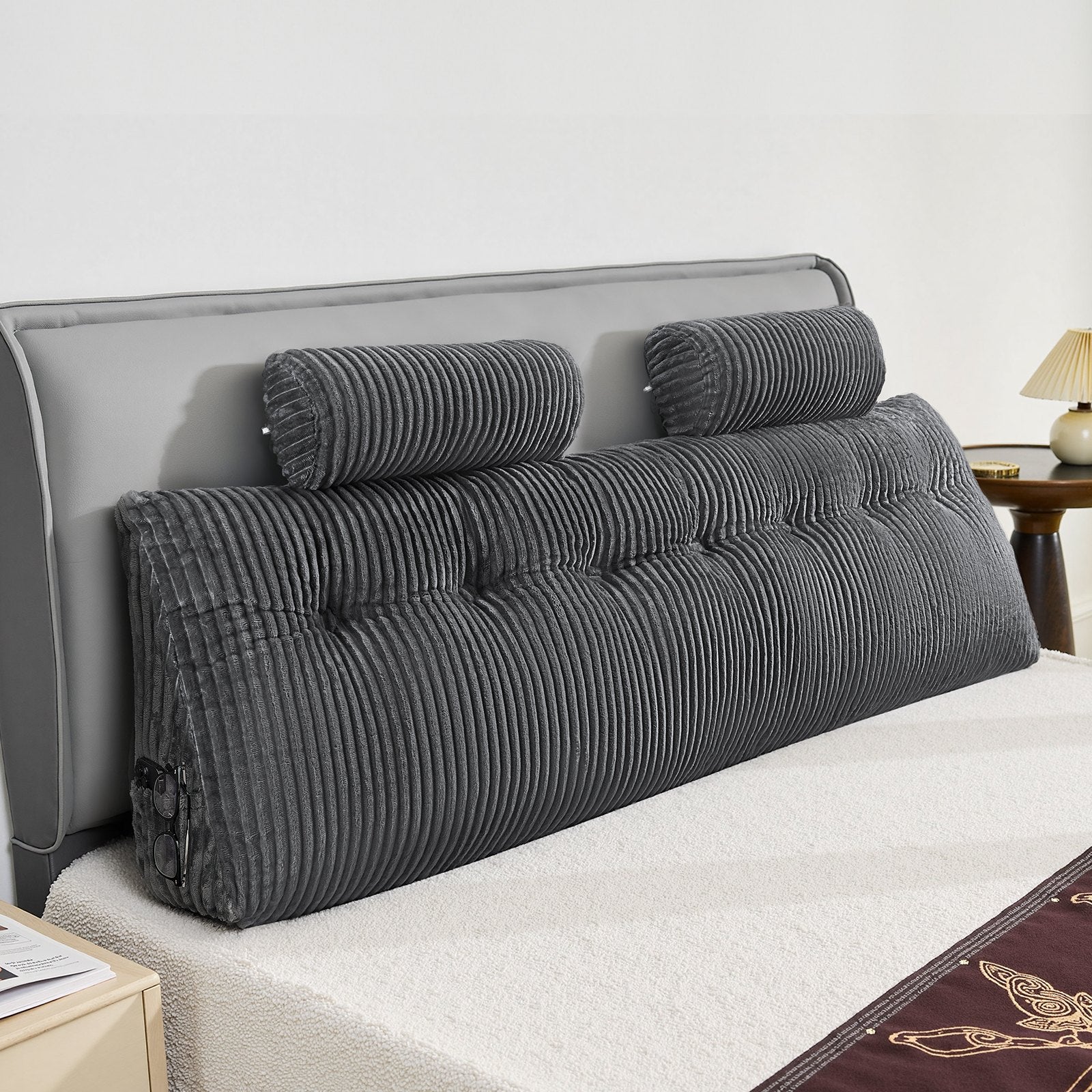 Luxurious King Size Wedge Headboard Pillow with Dual Headrests & Pockets - Soft Grey Velvet for Reading, Gaming, & Relaxing Comfort