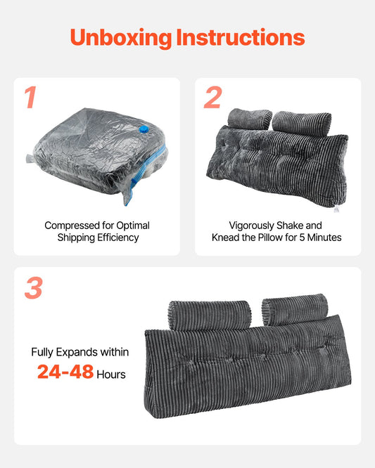 Queen Size Grey Wedge Headboard Pillow with Pockets & Removable Velvet Cover - Ideal for Reading, Gaming, Resting, and Bedside Comfort