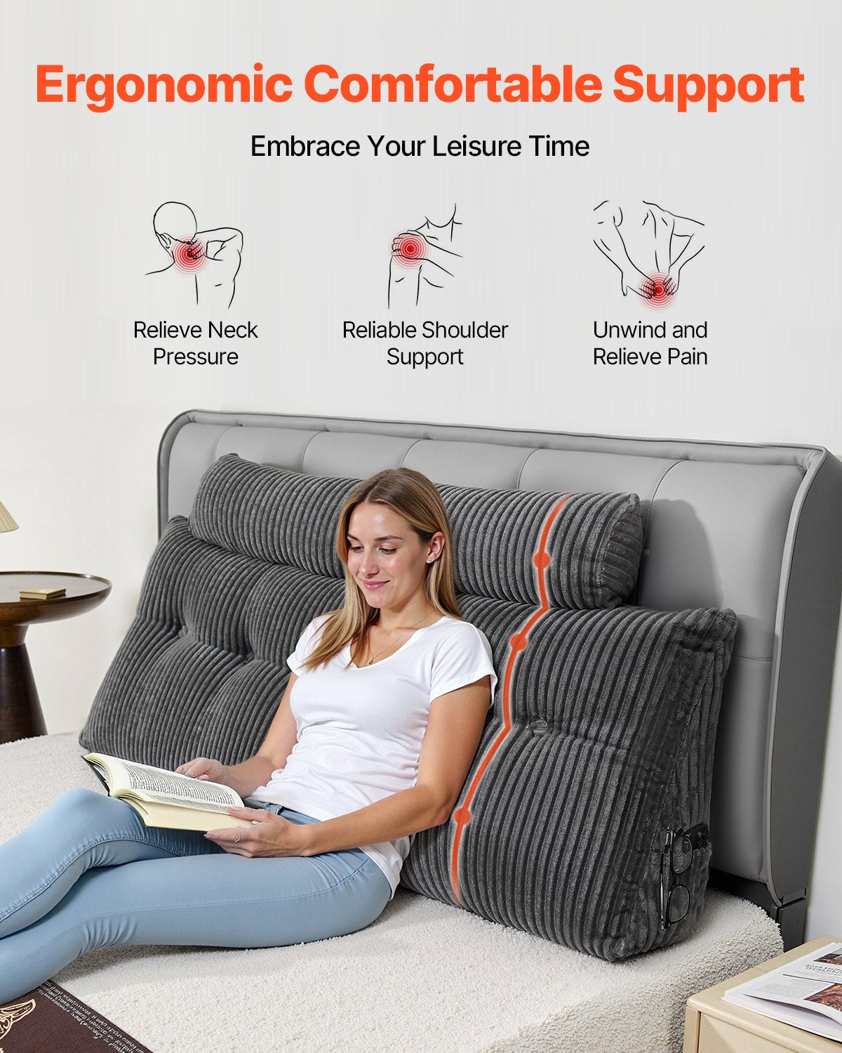 Queen Size Grey Wedge Headboard Pillow with Pockets & Removable Velvet Cover - Ideal for Reading, Gaming, Resting, and Bedside Comfort
