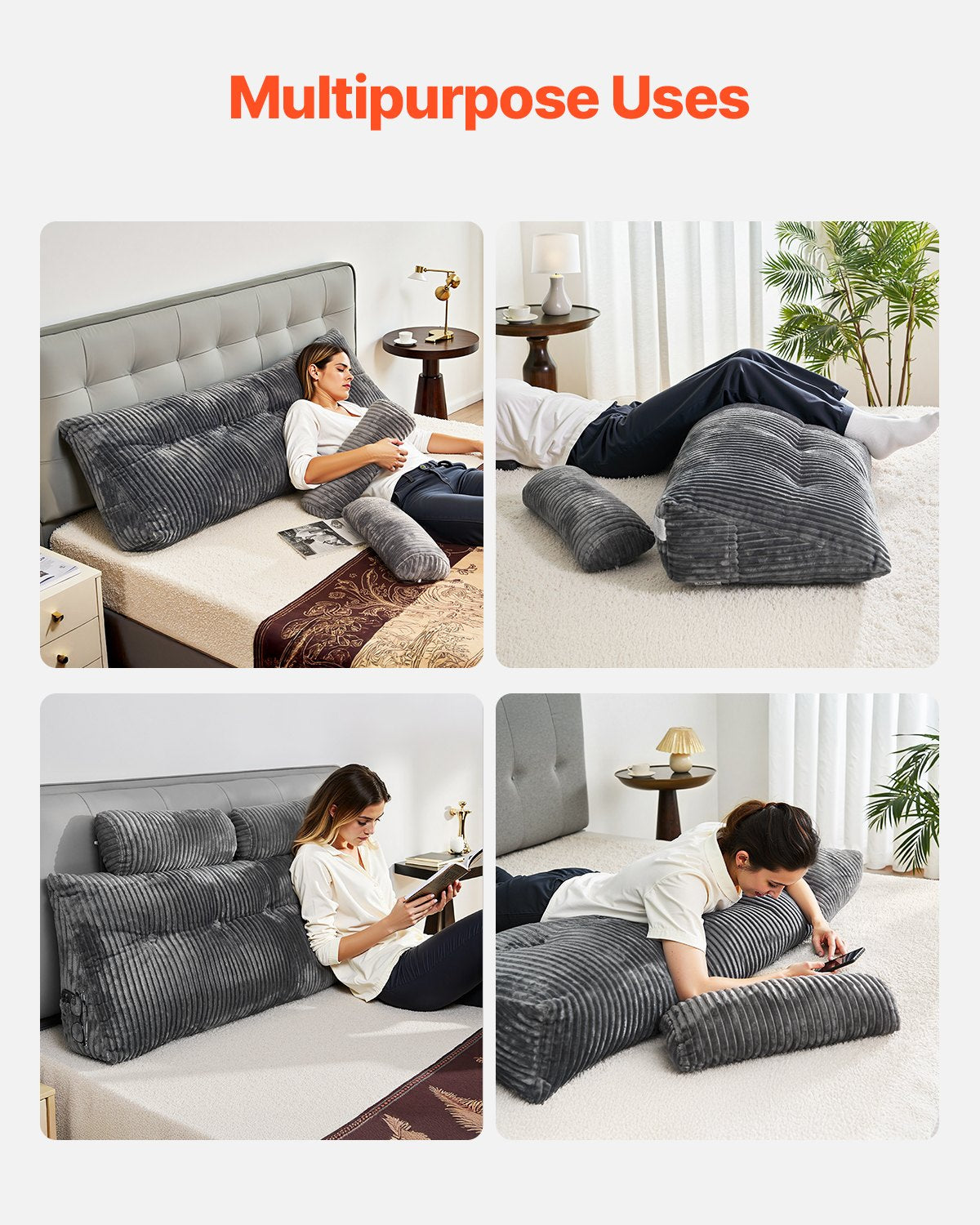 Queen Size Grey Wedge Headboard Pillow with Pockets & Removable Velvet Cover - Ideal for Reading, Gaming, Resting, and Bedside Comfort