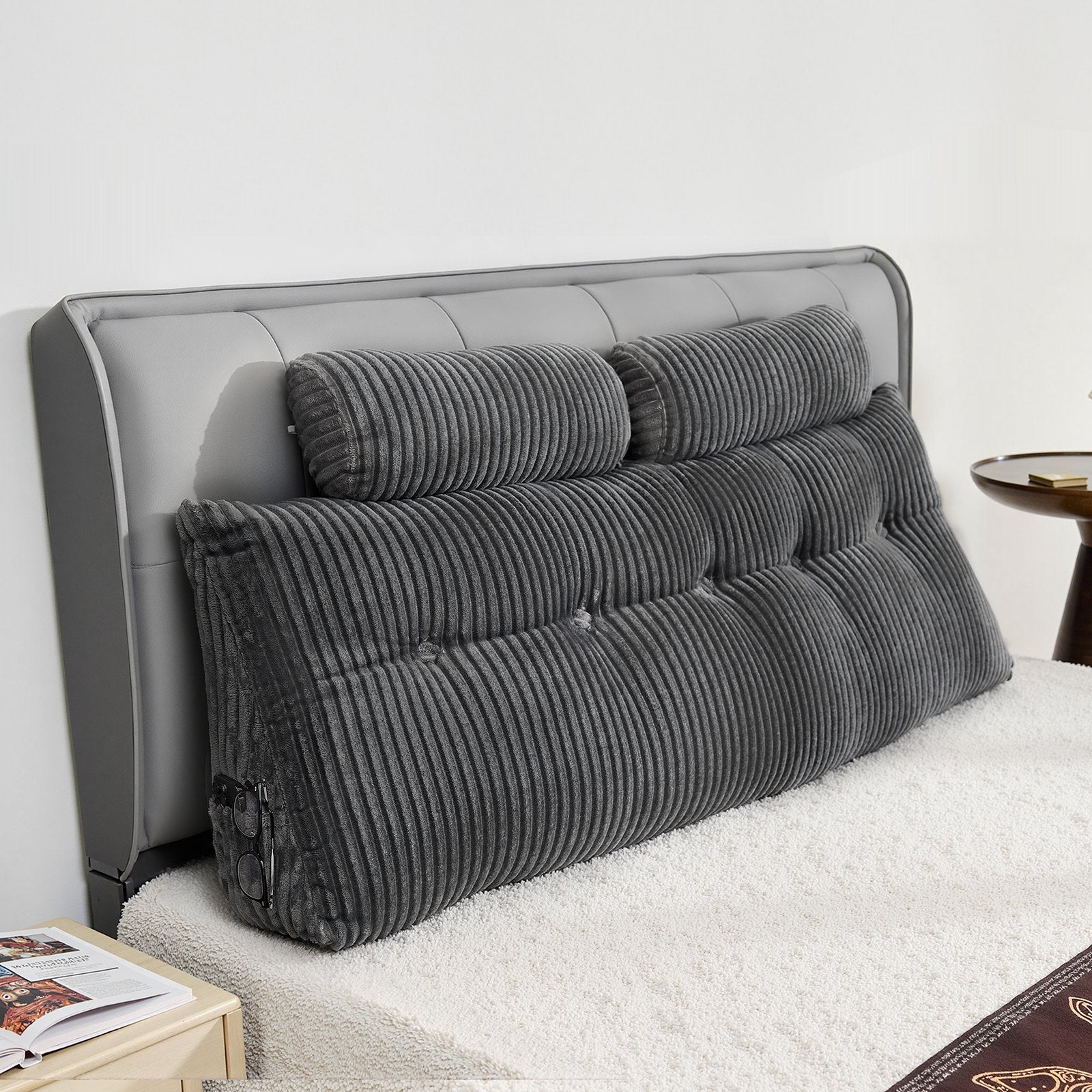 Queen Size Grey Wedge Headboard Pillow with Pockets & Removable Velvet Cover - Ideal for Reading, Gaming, Resting, and Bedside Comfort