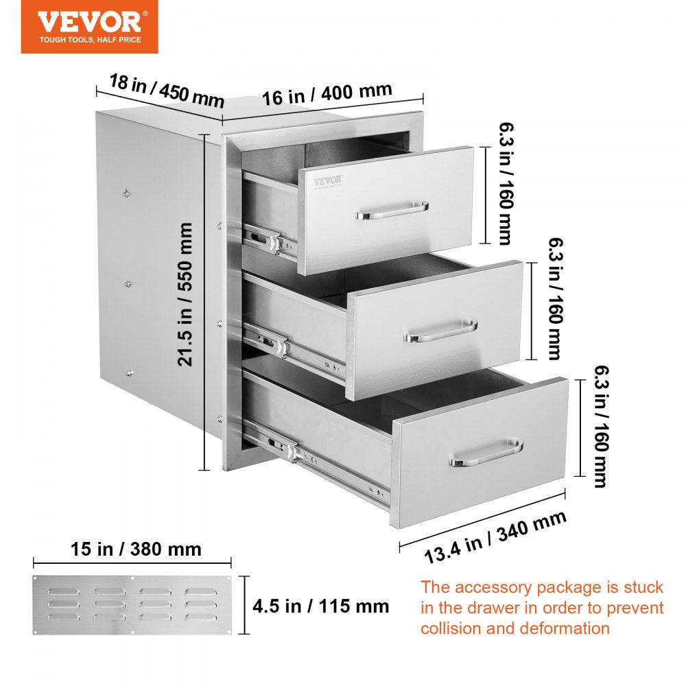VEVOR Outdoor Kitchen Drawers 16\" W x 21.5\" H x 18\" D, Flush Mount Triple Access BBQ Drawers with Stainless Steel Handle, BBQ Island Drawers for Outdoor Kitchens or BBQ Island Patio Grill Station