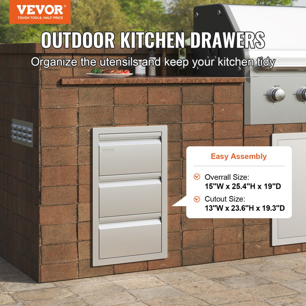 VEVOR Outdoor Kitchen Drawers 14.7" W x 25.4" H x 18.7" D, Box Frame Style Flush Mount BBQ Drawers with Stainless Steel Handle, BBQ Island Drawers for Outdoor Kitchens or Patio Grill Station