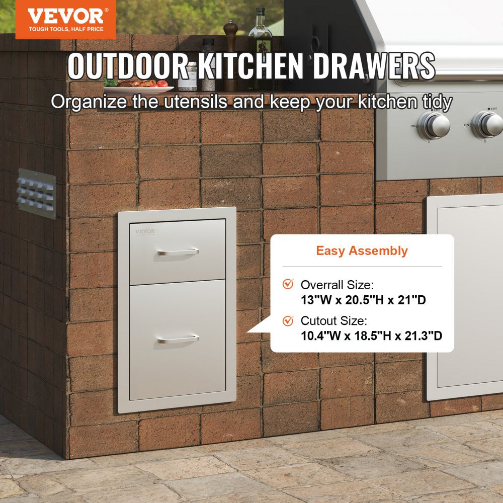 Double Access BBQ Drawers for Outdoor Kitchens - 13" W x 20.4" H x 20.8" D, Stainless Steel Handle