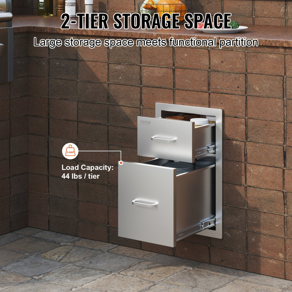 Double Access BBQ Drawers for Outdoor Kitchens - 13" W x 20.4" H x 20.8" D, Stainless Steel Handle