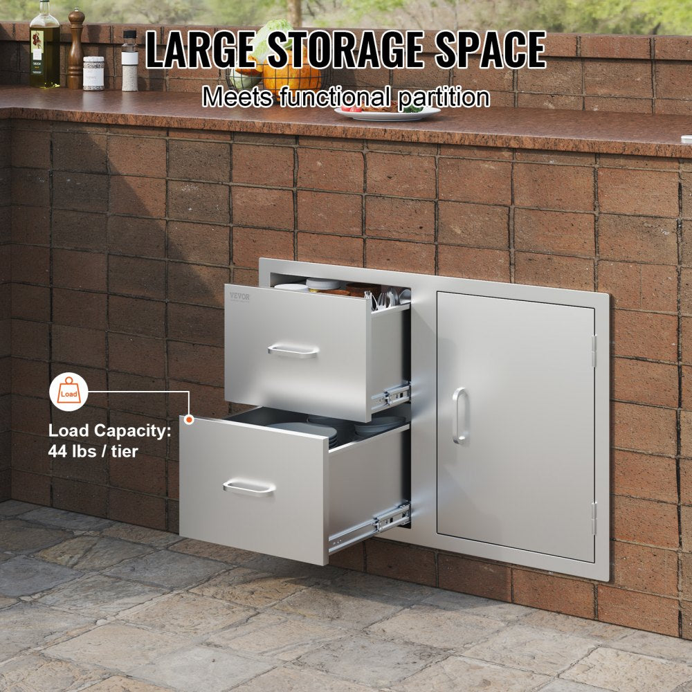 Stainless Steel Outdoor Kitchen Combo: Double Drawers, Access Door, and Paper Towel Rack for BBQ Island, 32.5" W x 21.6" H x 20.5" D
