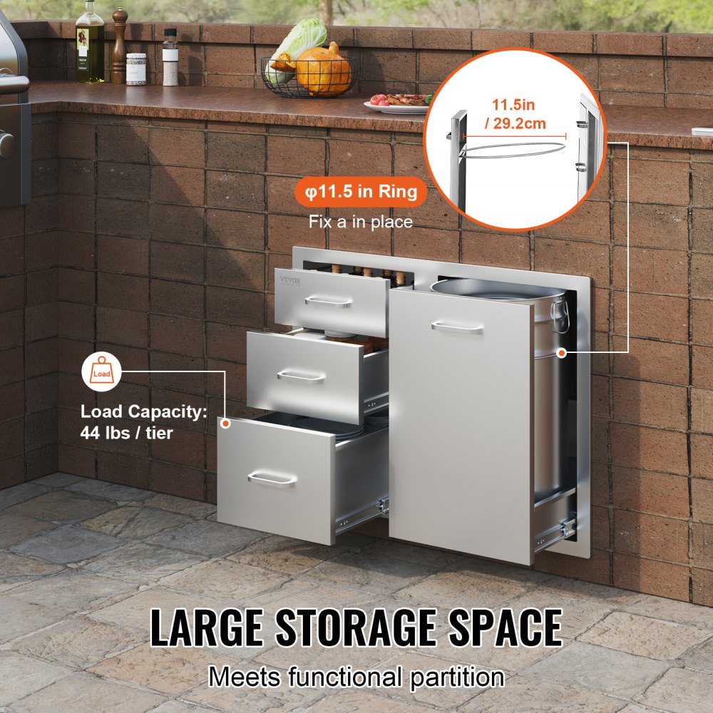 Versatile Outdoor Kitchen Combo: Access Door, Triple Drawers, Propane Storage & Adjustable Garbage Ring for BBQ Island Grill Stations