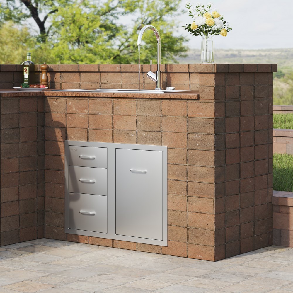 VEVOR Outdoor Kitchen Door Drawer Combo 29.5\" W x 22.6\" H x 21.7\'\'D, Access Door/Triple Drawers with Propane Drawer and Adjustable Garbage Ring, Perfect for BBQ Island Patio Grill Station