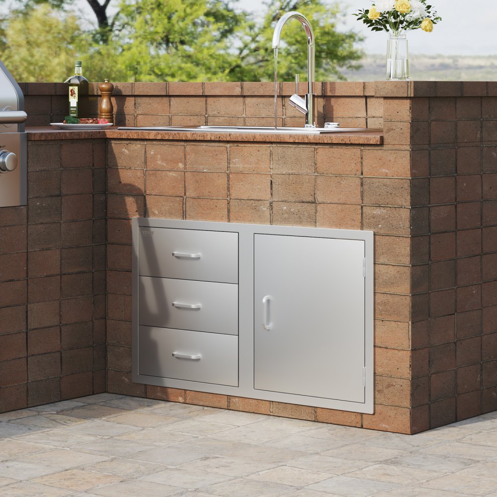 VEVOR Outdoor Kitchen Door Drawer Combo 38.1\'\'W x 22.6\'\'H x 20.8\'\'D, BBQ Access Door/Triple Drawers Combo with Stainless Steel Handles, Perfect for BBQ Island Patio Grill Station