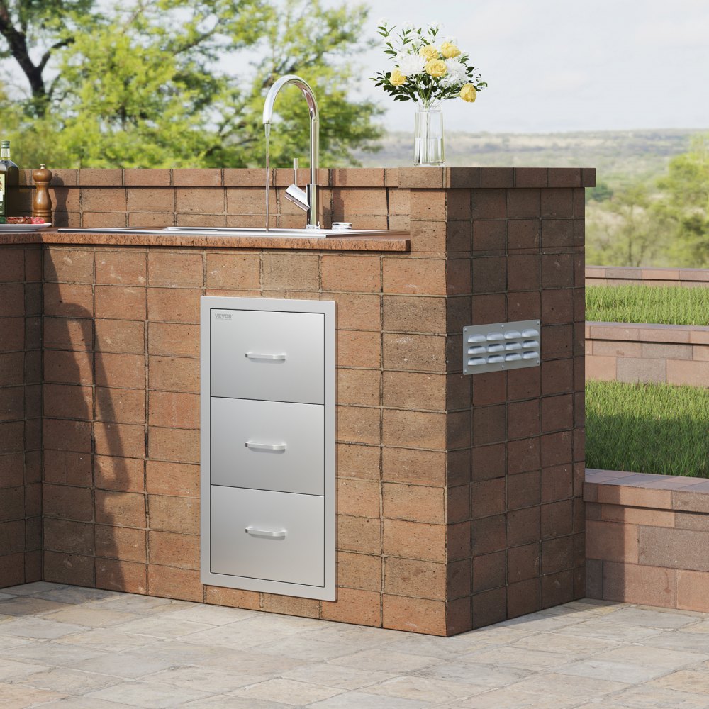 VEVOR Outdoor Kitchen Drawers 16\" W x 28.5\" H x 20.5\" D, Flush Mount Triple Access BBQ Drawers Stainless Steel with Handle, BBQ Island Drawers for Outdoor Kitchens or Patio Grill Station
