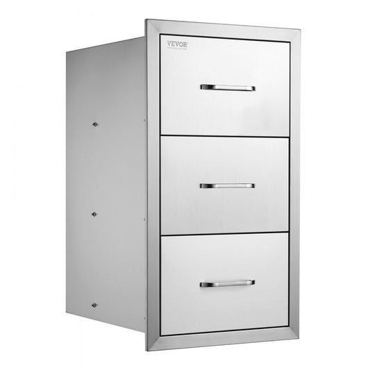 Triple Access Stainless Steel BBQ Drawers for Outdoor Kitchens and Patio Grill Stations, 16" W x 28.5" H x 20.5" D, with Flush Mount Design and Handle
