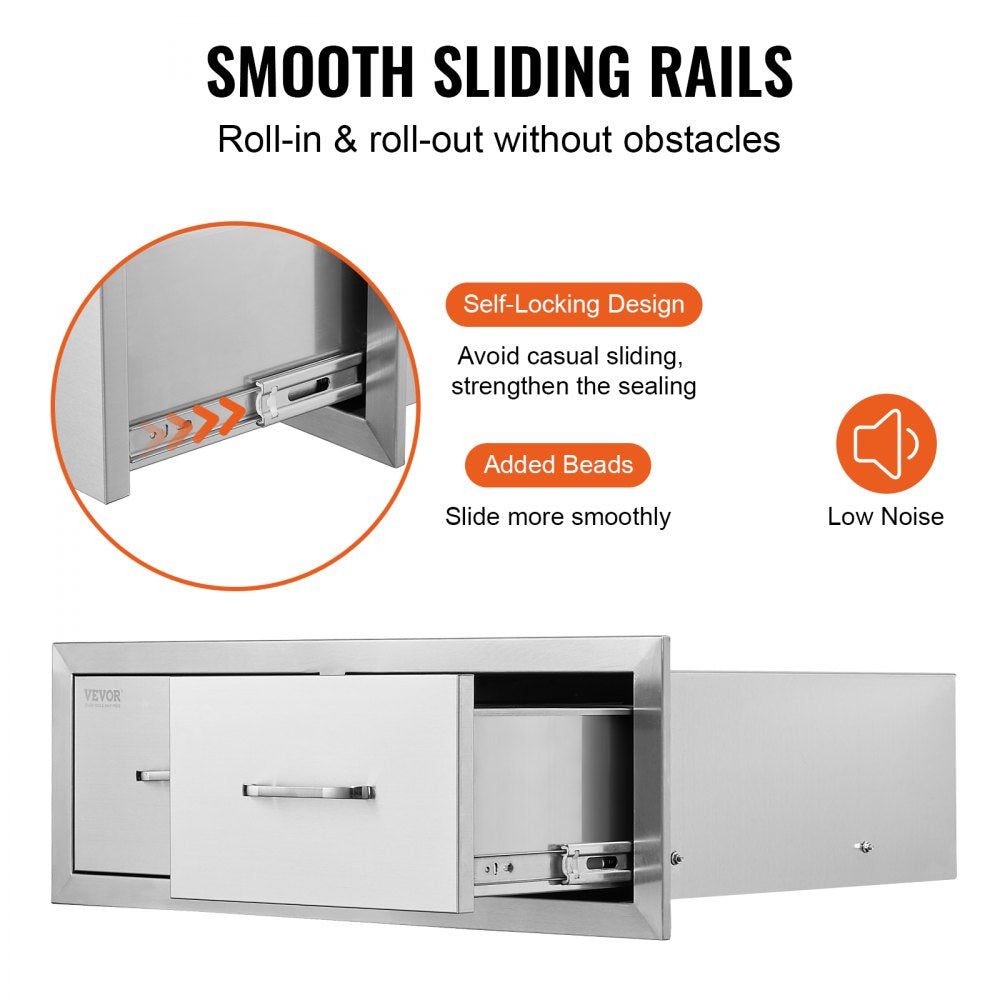 Spacious Stainless Steel Horizontal Double BBQ Access Drawers for Outdoor Kitchens and Patio Grill Stations, Measuring 30" W x 10" H x 20" D