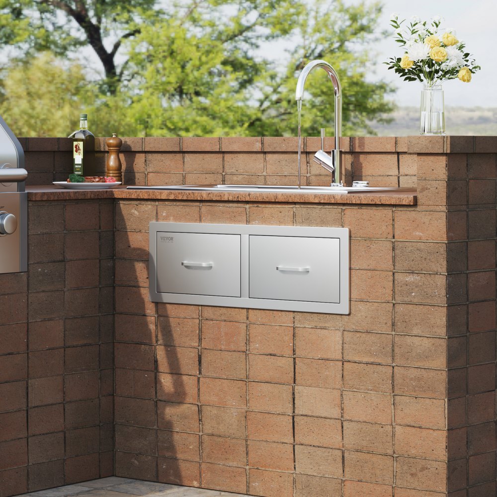 VEVOR Outdoor Kitchen Drawers 30\" W x 10\" H x 20\" D, Horizontal Double BBQ Access Drawers Stainless Steel with Handle, BBQ Island Drawers for Outdoor Kitchens or Patio Grill Station