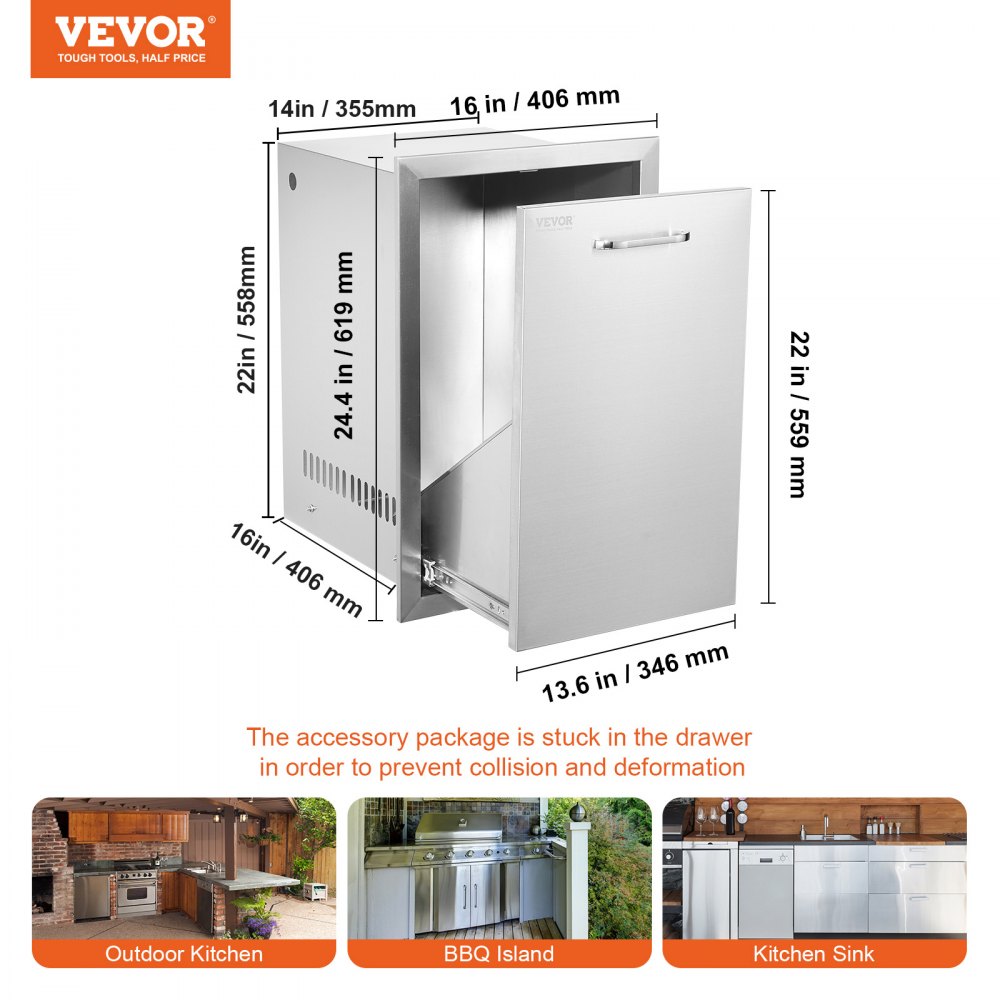 VEVOR Outdoor Kitchen Propane Tank Drawer 16Wx22Hx16D Inch BBQ Propane Drawer with Handle Stainless Steel Propane Tank Drawer for Outdoor Kitchen