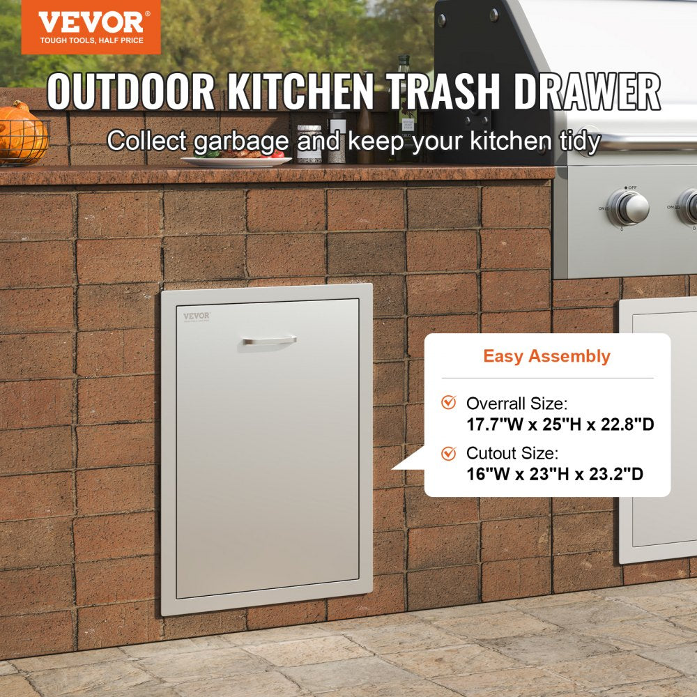 Stainless Steel Pull-Out Trash Drawer with Handle for BBQ Island and Outdoor Kitchen, 17.7x22.8 Inch Raised Style with Convenient Pull-Out Tray