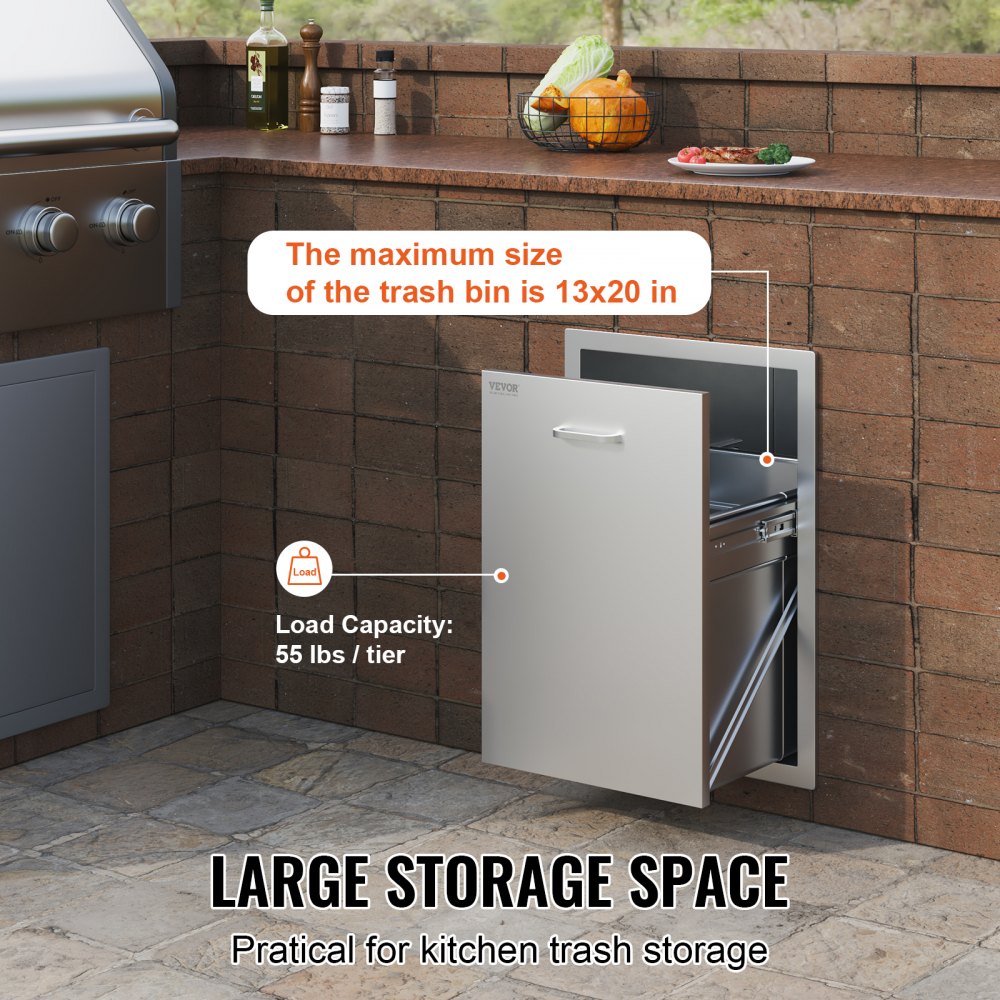 Stainless Steel Pull-Out Trash Drawer with Handle for BBQ Island and Outdoor Kitchen, 17.7x22.8 Inch Raised Style with Convenient Pull-Out Tray