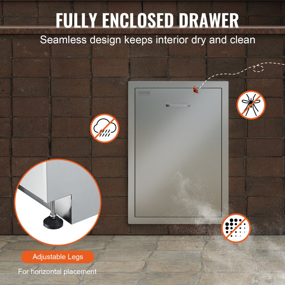 Stainless Steel Pull-Out Trash Drawer with Handle for BBQ Island and Outdoor Kitchen, 17.7x22.8 Inch Raised Style with Convenient Pull-Out Tray