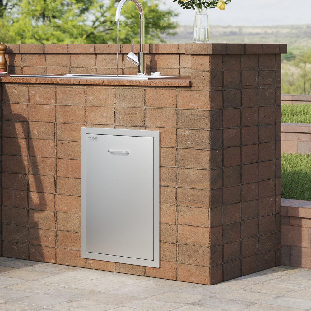 Stainless Steel Pull-Out Trash Drawer with Handle for BBQ Island and Outdoor Kitchen, 17.7x22.8 Inch Raised Style with Convenient Pull-Out Tray