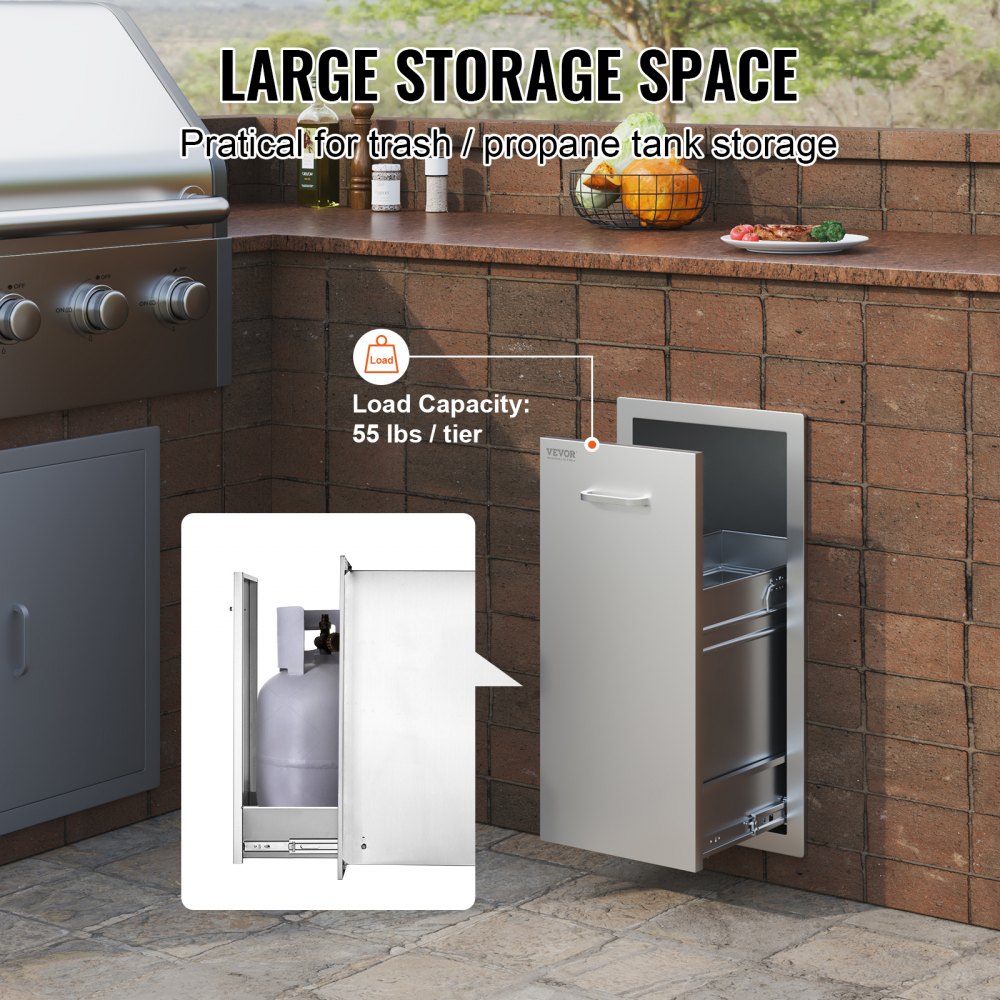 VEVOR Pull Out Trash Drawer 13.6Wx26H Inch Lower Sliding Rails Stainless Steel Trash Drawer with Pull-Out Tray and Handle for Outdoor Kitchen BBQ Island