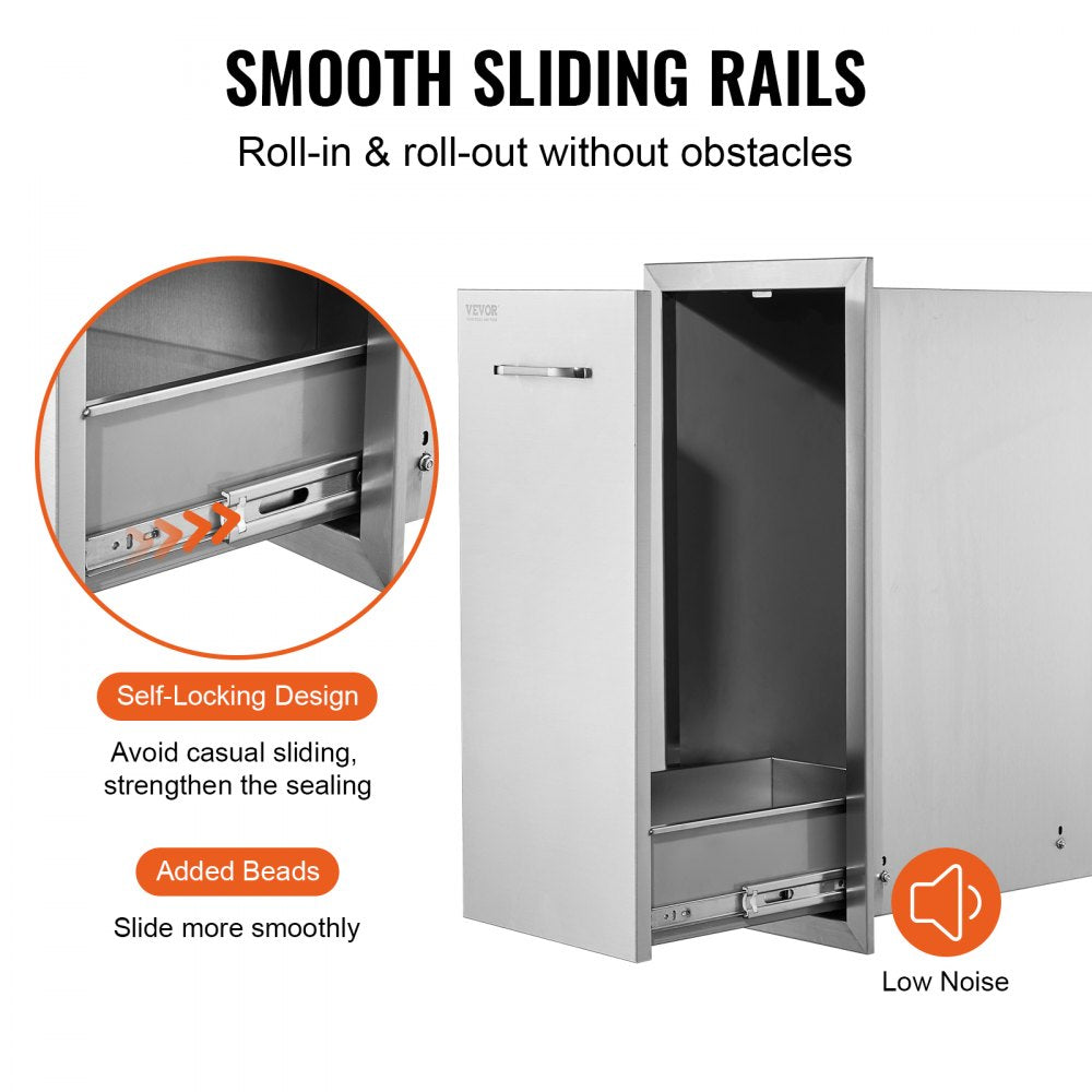 Stainless Steel Pull-Out Trash Drawer with Sliding Rails and Tray for Outdoor BBQ Kitchen Island, 13.6" Width x 26" Height