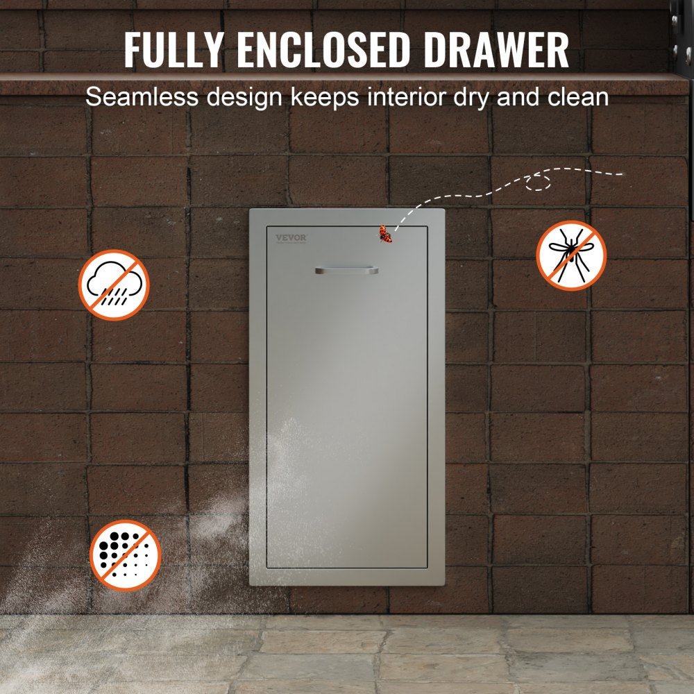 Stainless Steel Pull-Out Trash Drawer with Sliding Rails and Tray for Outdoor BBQ Kitchen Island, 13.6" Width x 26" Height