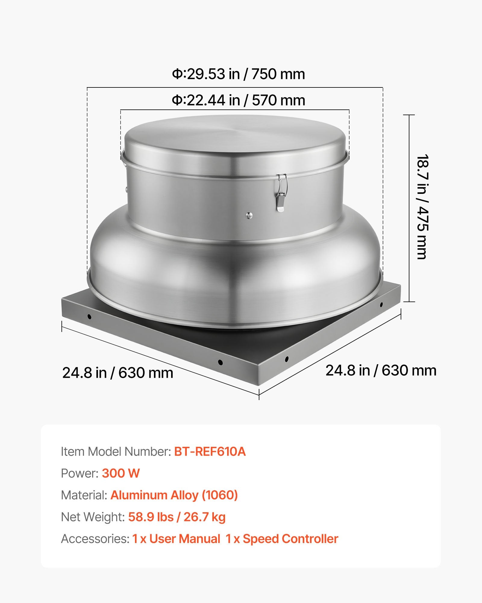 High-Power Roof Exhaust Fan with Adjustable Speed, Durable Aluminum for Attic, Garage, Kitchen, Bathroom, 1500/2600 CFM, Silver Finish