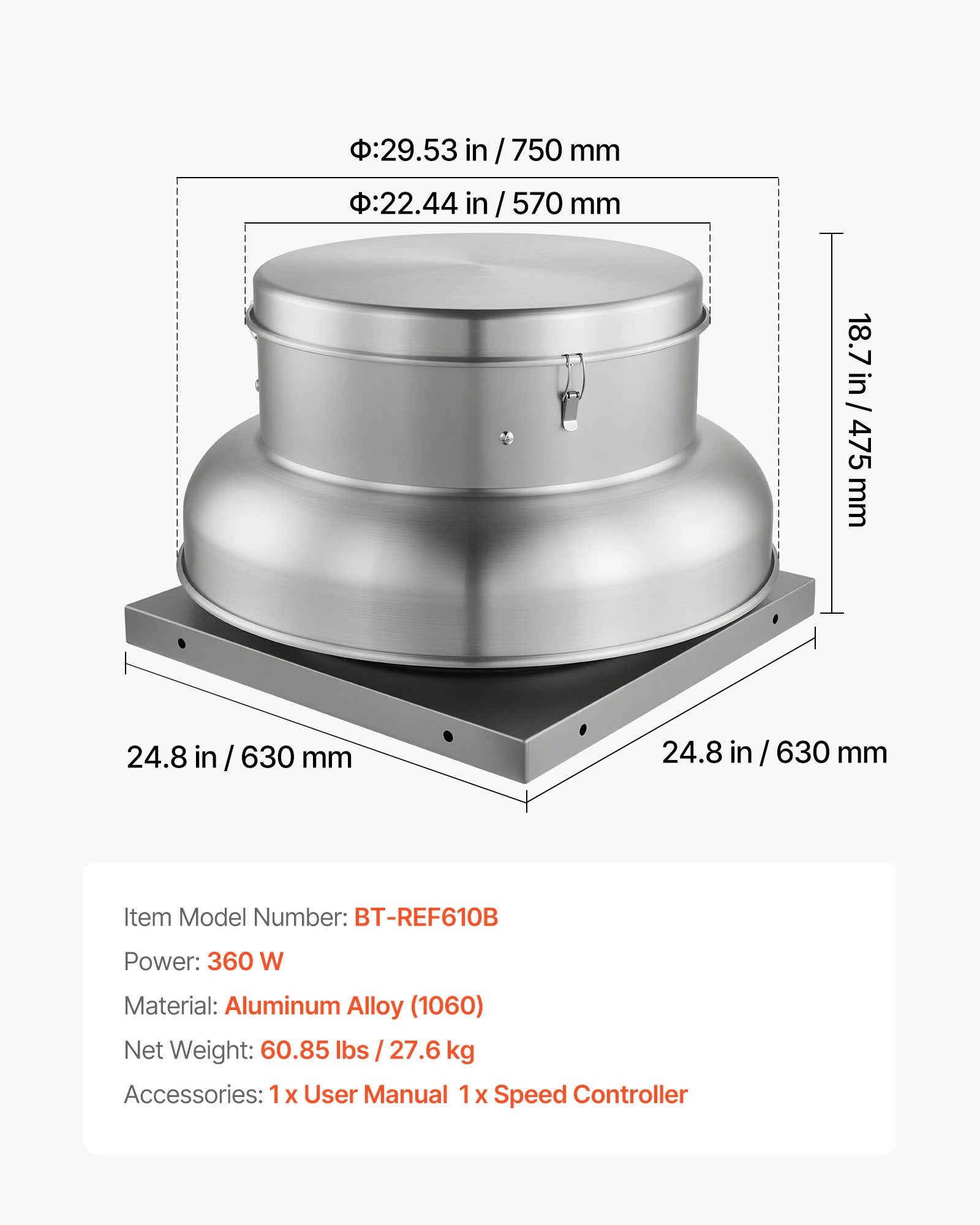 Heavy-Duty Roof Exhaust Fan with High-Power Motor, 24.8" Aluminum Base, Adjustable 3000/3900CFM for Attic, Garage, Kitchen, Bathroom Ventilation