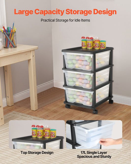 3-Drawer Rolling Storage Cart with Clear Bins for Office, Classroom, and Craft Room Organization - Portable Plastic Storage with Wheels
