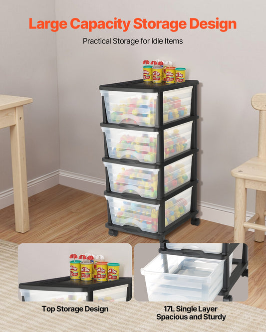 4-Drawer Rolling Storage Cart with Clear Bins for Office, Craft Room, Classroom Organization - Mobile Plastic Organizer with Wheels