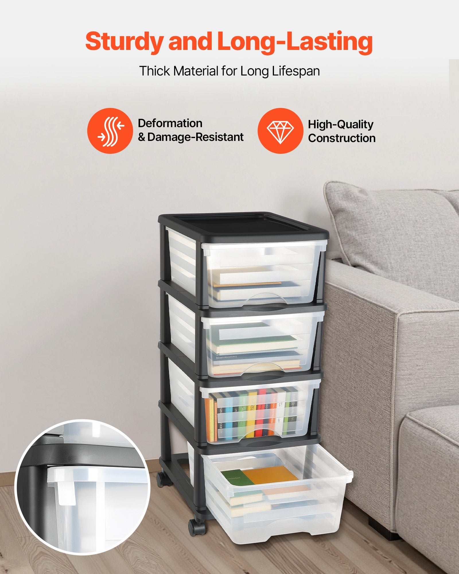 4-Drawer Rolling Storage Cart with Clear Bins for Office, Craft Room, Classroom Organization - Mobile Plastic Organizer with Wheels