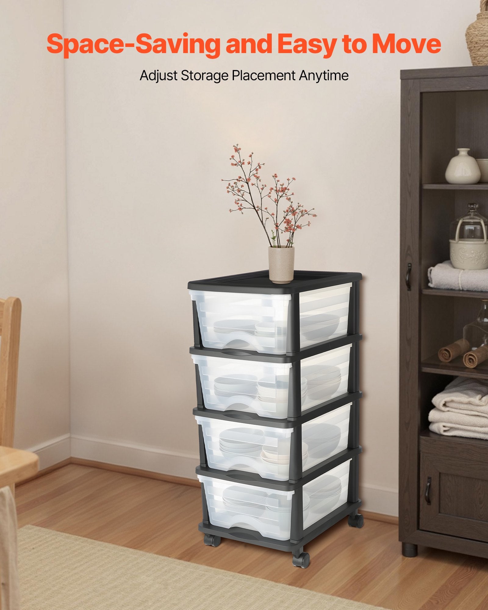 4-Drawer Rolling Storage Cart with Clear Bins for Office, Craft Room, Classroom Organization - Mobile Plastic Organizer with Wheels