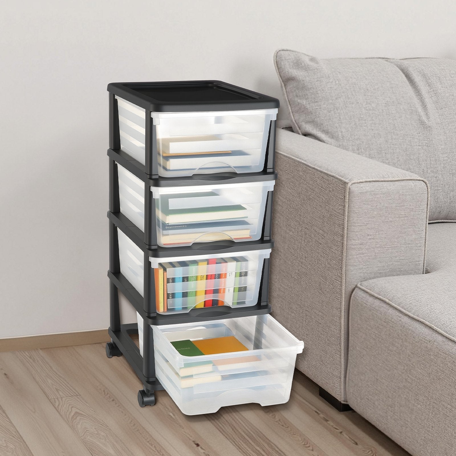 4-Drawer Rolling Storage Cart with Clear Bins for Office, Craft Room, Classroom Organization - Mobile Plastic Organizer with Wheels