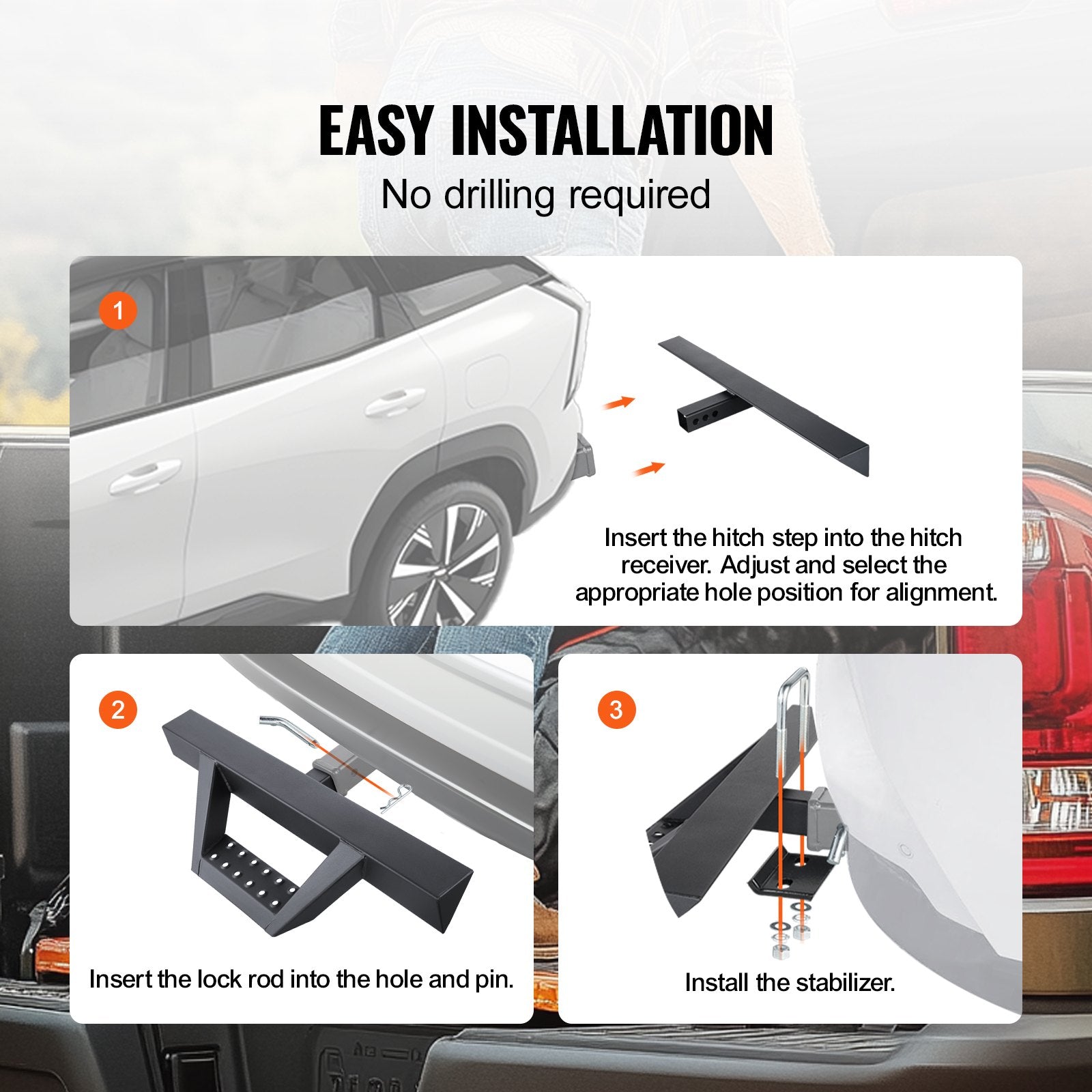 Universal Hitch Step for 2" Receiver - Heavy-Duty Steel, 300 LBS Capacity, Rear Bumper Protector with Pin Lock & Stabilizer for Truck, SUV, Trailer