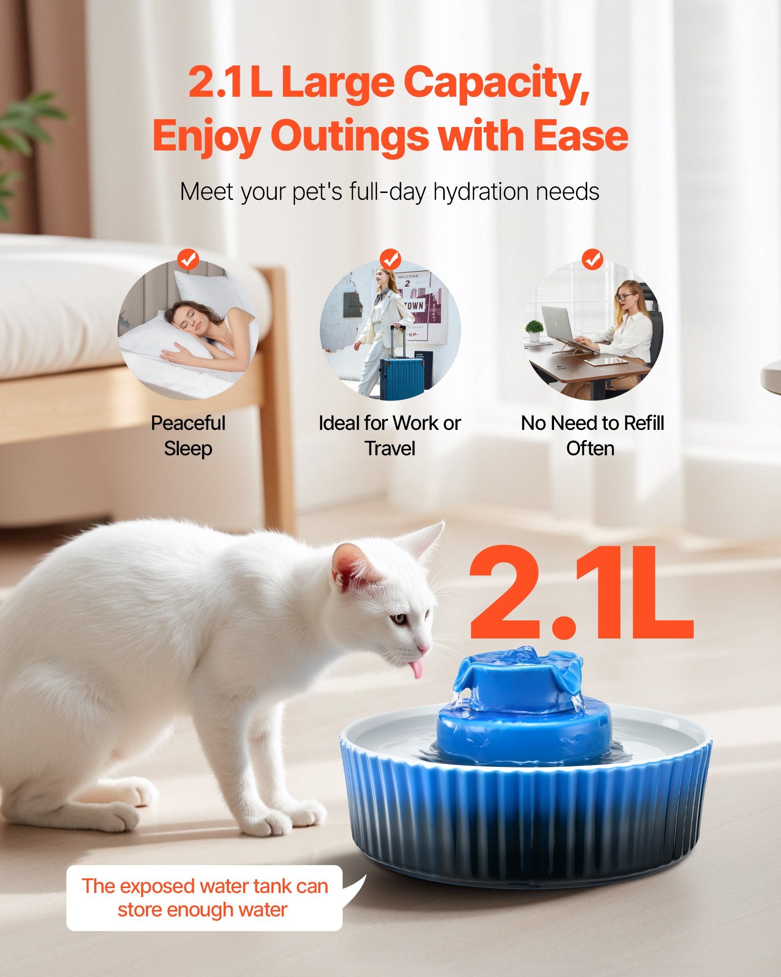 Elegant Ceramic Cat & Dog Water Fountain with Ultra-Quiet Pump, 360° Drinking & Multi-Layer Filtration, 2.1L Capacity - Blue