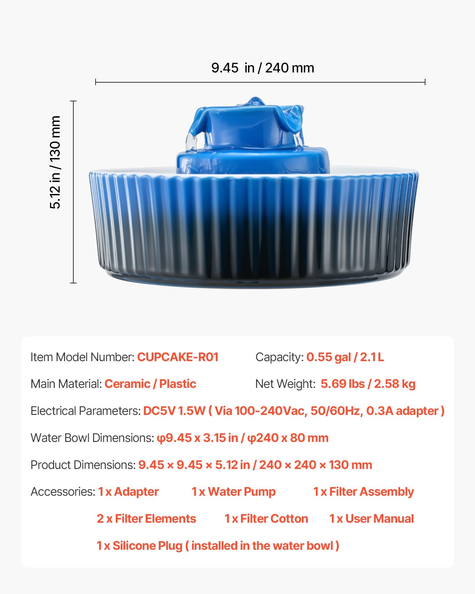 Elegant Ceramic Cat & Dog Water Fountain with Ultra-Quiet Pump, 360° Drinking & Multi-Layer Filtration, 2.1L Capacity - Blue