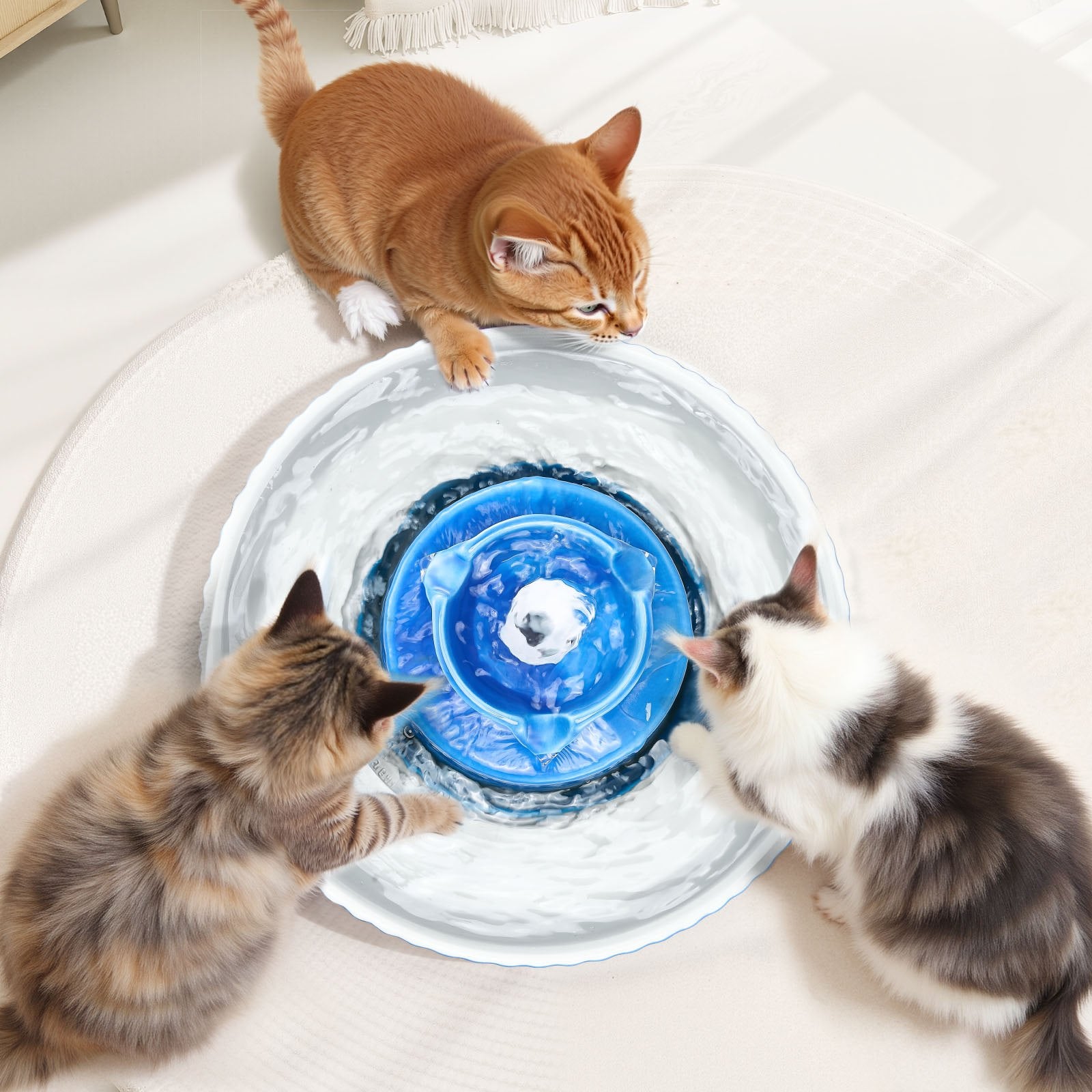 Elegant Ceramic Cat & Dog Water Fountain with Ultra-Quiet Pump, 360° Drinking & Multi-Layer Filtration, 2.1L Capacity - Blue