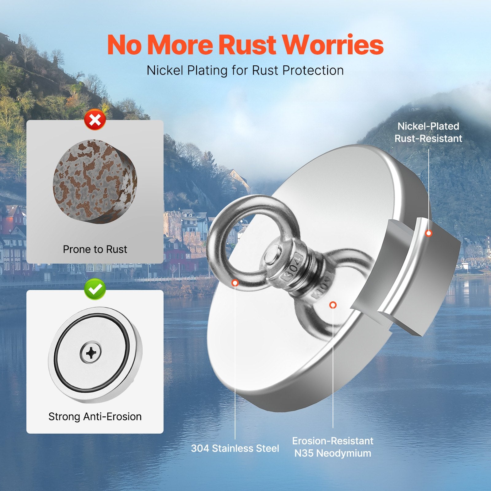 Super Strong 1000 LBS Neodymium Fishing Magnet for River Retrieval, Heavy-Duty Magnetic Hanging with Handle, Rust-Proof Design