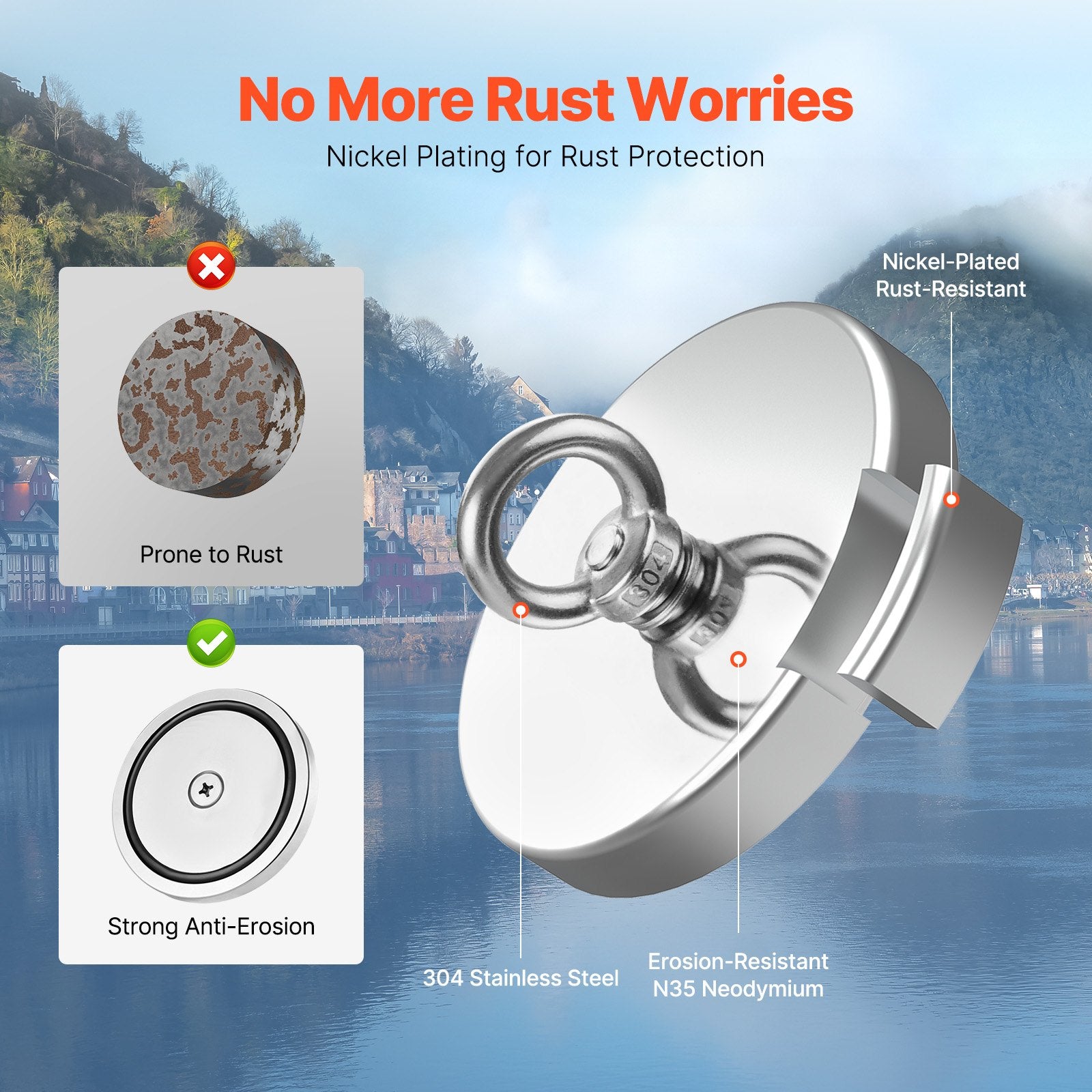 Heavy Duty Magnet Fishing Kit with 1300 LBS Pull Force, Neodymium Magnet, Grappling Hook, Rope, Gloves, Eyebolt for Treasure Hunting