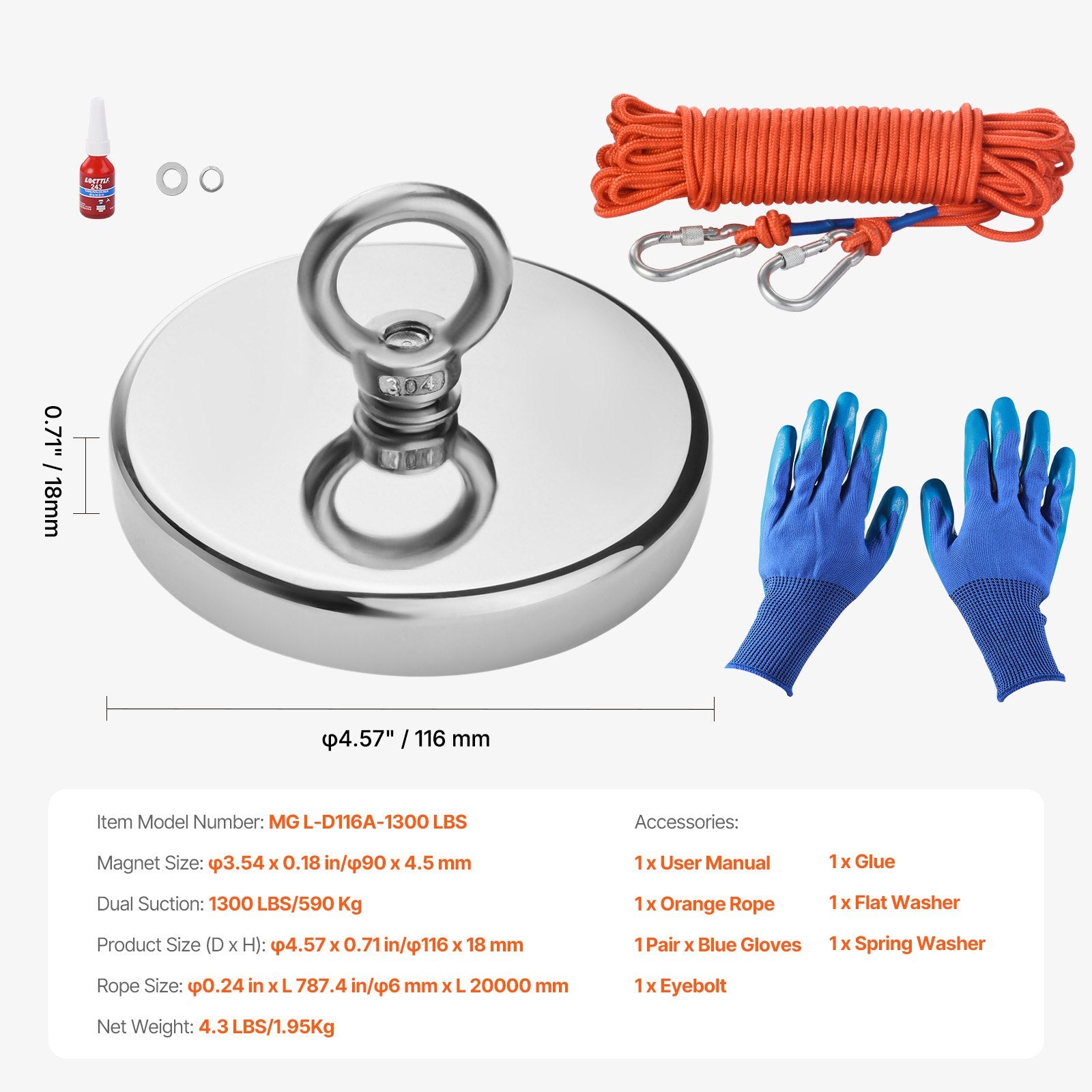Heavy Duty Magnet Fishing Kit with 1300 LBS Pull Force, Neodymium Magnet, Grappling Hook, Rope, Gloves, Eyebolt for Treasure Hunting