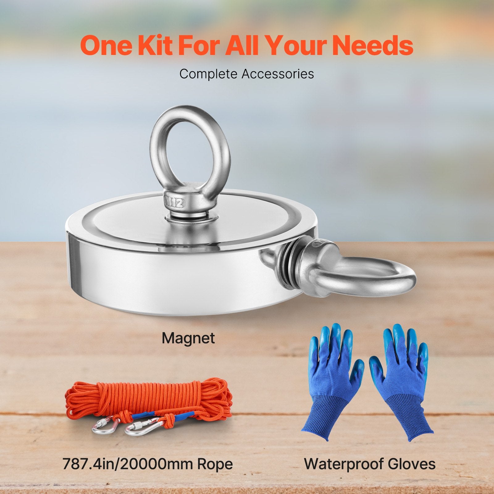 Heavy Duty Magnet Fishing Kit - 2000 LBS Double-Sided Pulling Force, Neodymium Magnet, Rust-Proof, Rope, Gloves, Eyebolt Included