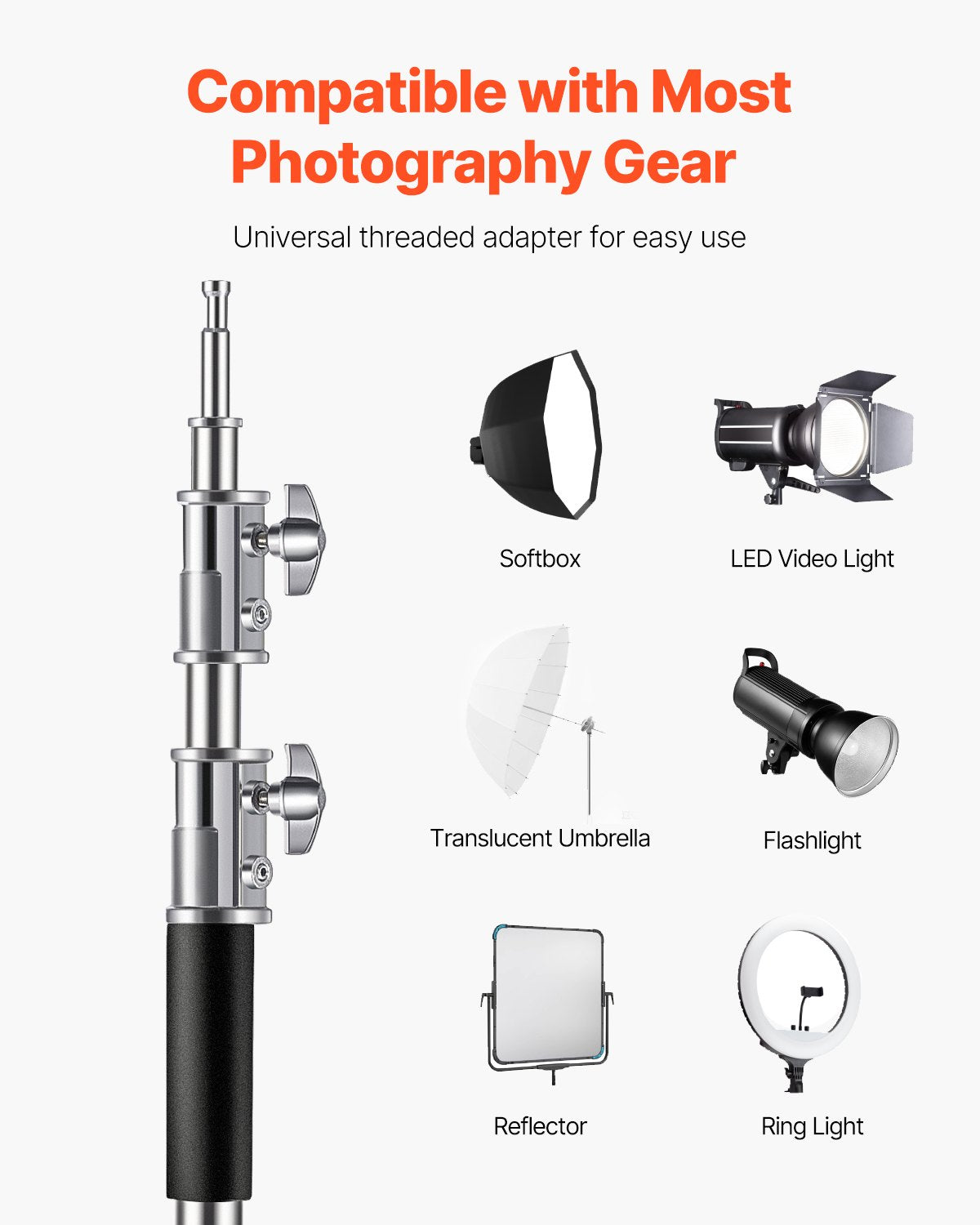 Heavy Duty Stainless Steel C Stand for Photography | Max Height 10.83 ft, 44 lbs Load | Adjustable Light Stand for Studio Softbox, Monolight, Reflector