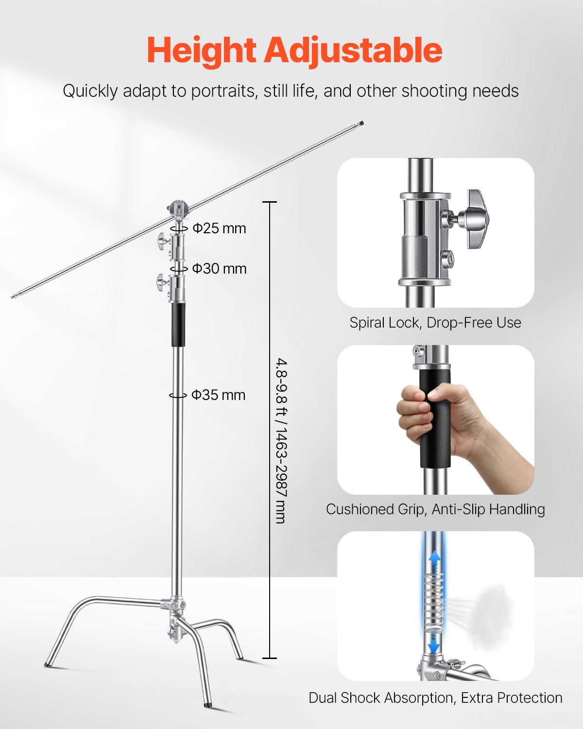 Heavy Duty Stainless Steel C Stand for Photography | Max Height 10.83 ft, 44 lbs Load | Adjustable Light Stand for Studio Softbox, Monolight, Reflector