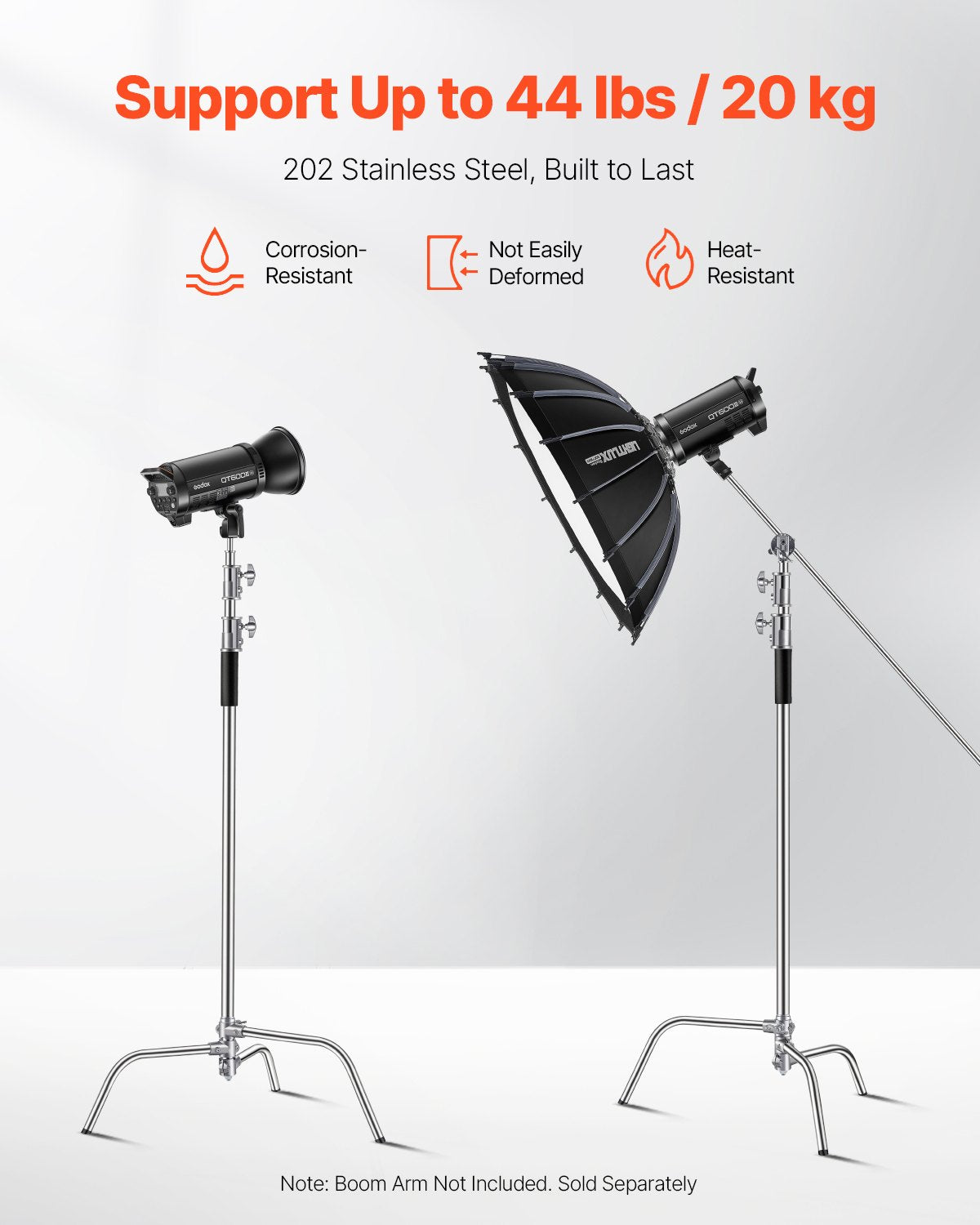 Heavy Duty Stainless Steel C Stand for Photography | Max Height 10.83 ft, 44 lbs Load | Adjustable Light Stand for Studio Softbox, Monolight, Reflector