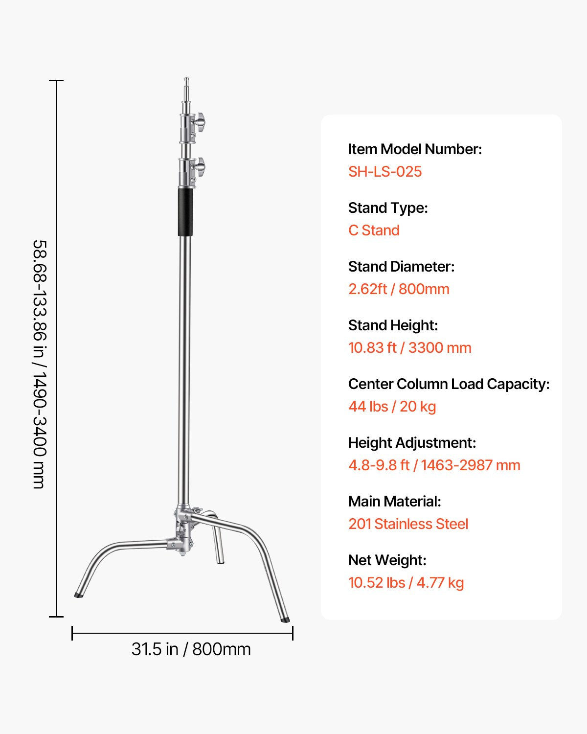 Heavy Duty Stainless Steel C Stand for Photography | Max Height 10.83 ft, 44 lbs Load | Adjustable Light Stand for Studio Softbox, Monolight, Reflector