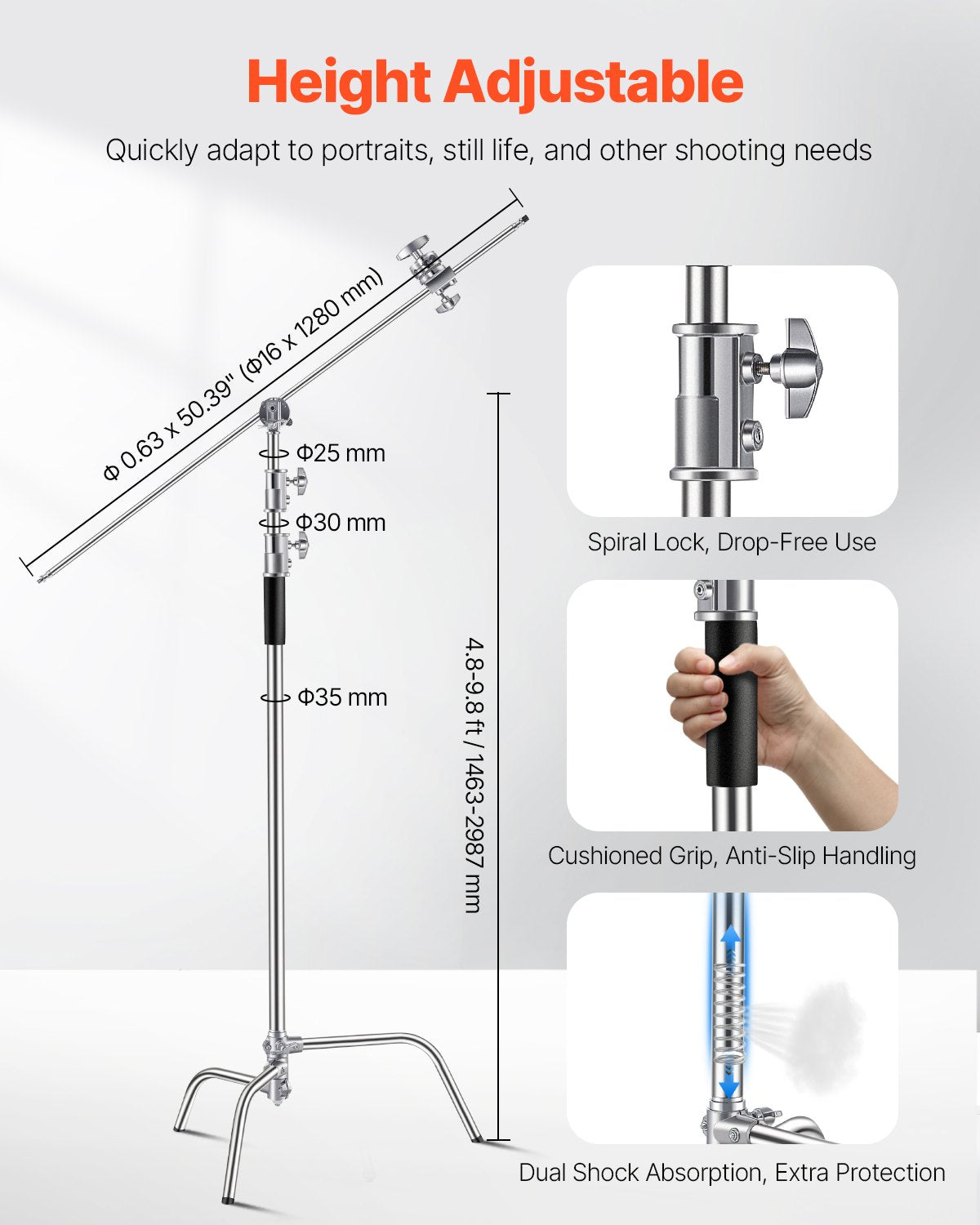 Stainless Steel C Stand with Boom Arm, Heavy Duty Photography Light Stand, Adjustable Height, Grip Heads for Studio Monolight, Softbox, Reflector, Versatile, Easy Transport, Max Height 10.83 ft