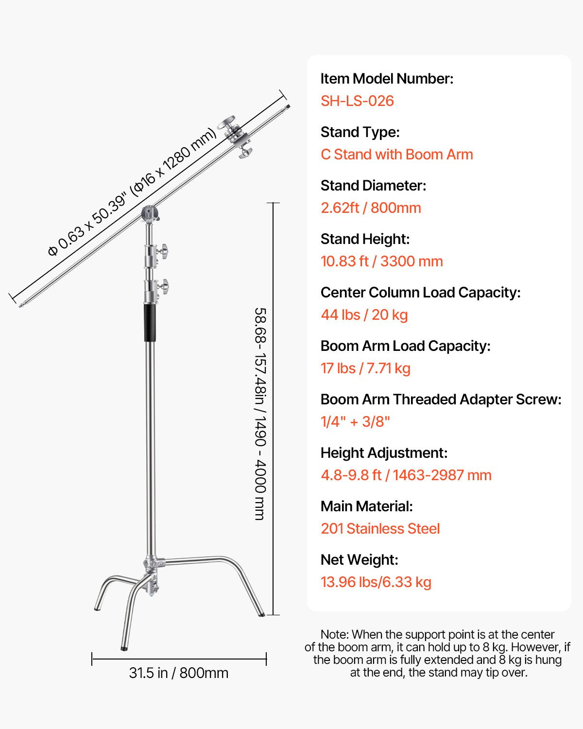 Stainless Steel C Stand with Boom Arm, Heavy Duty Photography Light Stand, Adjustable Height, Grip Heads for Studio Monolight, Softbox, Reflector, Versatile, Easy Transport, Max Height 10.83 ft